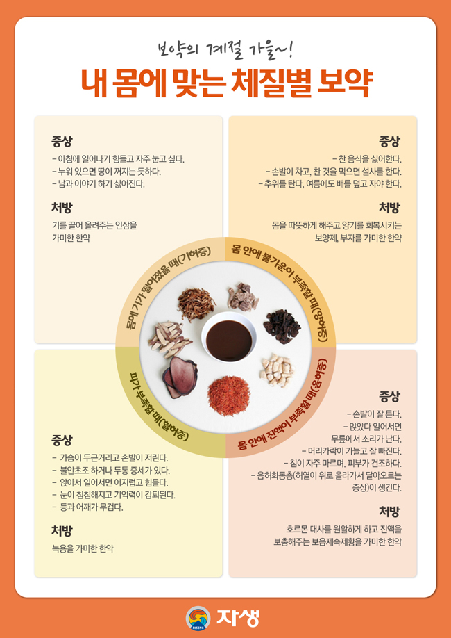 내 몸에 맞는 체질별 보약에 대한 다음 설명을 참조하세요.