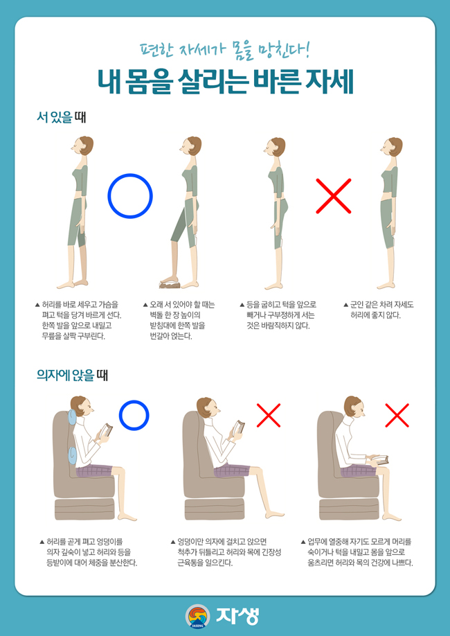내 몸을 살리는 바른 자세에 대한 다음 설명을 참조하세요.
