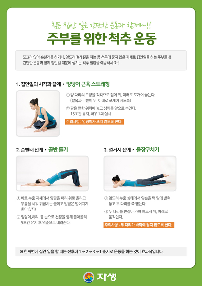 주부를 위한 척추운동에 대한 다음 설명을 참조하세요.